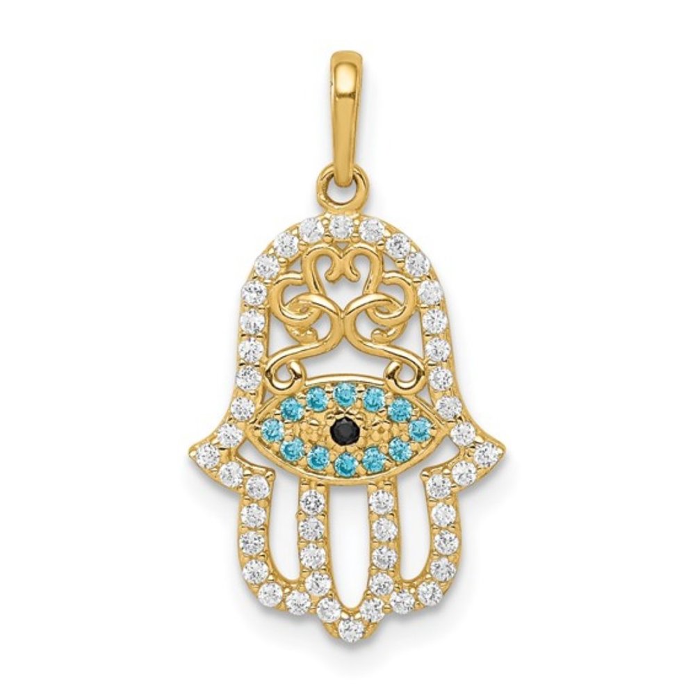 14K Yellow Gold Multi-colored CZ Hamsa Hand of God Charm Necklace Pendant